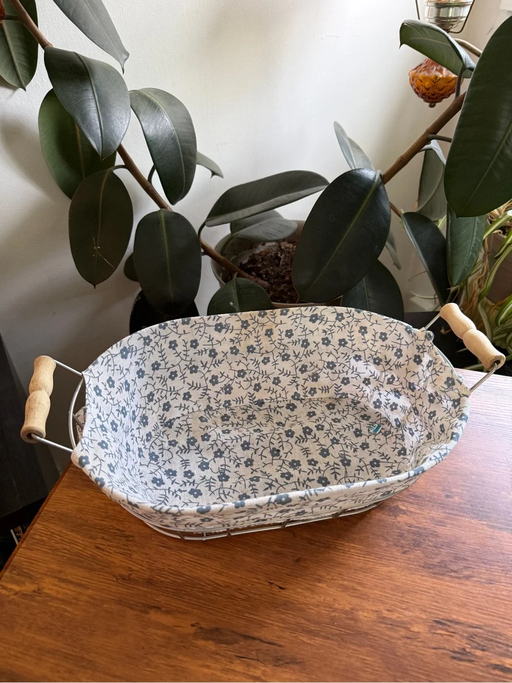 Decorative Blue Floral Lined Wire Basket - Home Accents